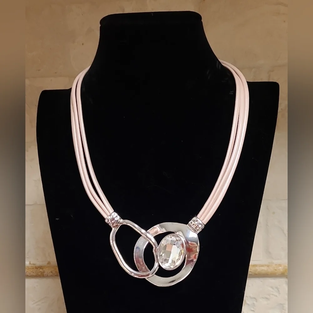Abstract Design Crystal Embellished Pink Leather Multistrand Statement Necklace